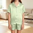 thumbnail image 7 of Dagugfen Sleepwear Suit Sets for Teens Short Sleeve Button down Shirts Collared Neck Elastic Waist Shorts Soft Homewear Comfy Outfits(16-17Years,Green), 7 of 7