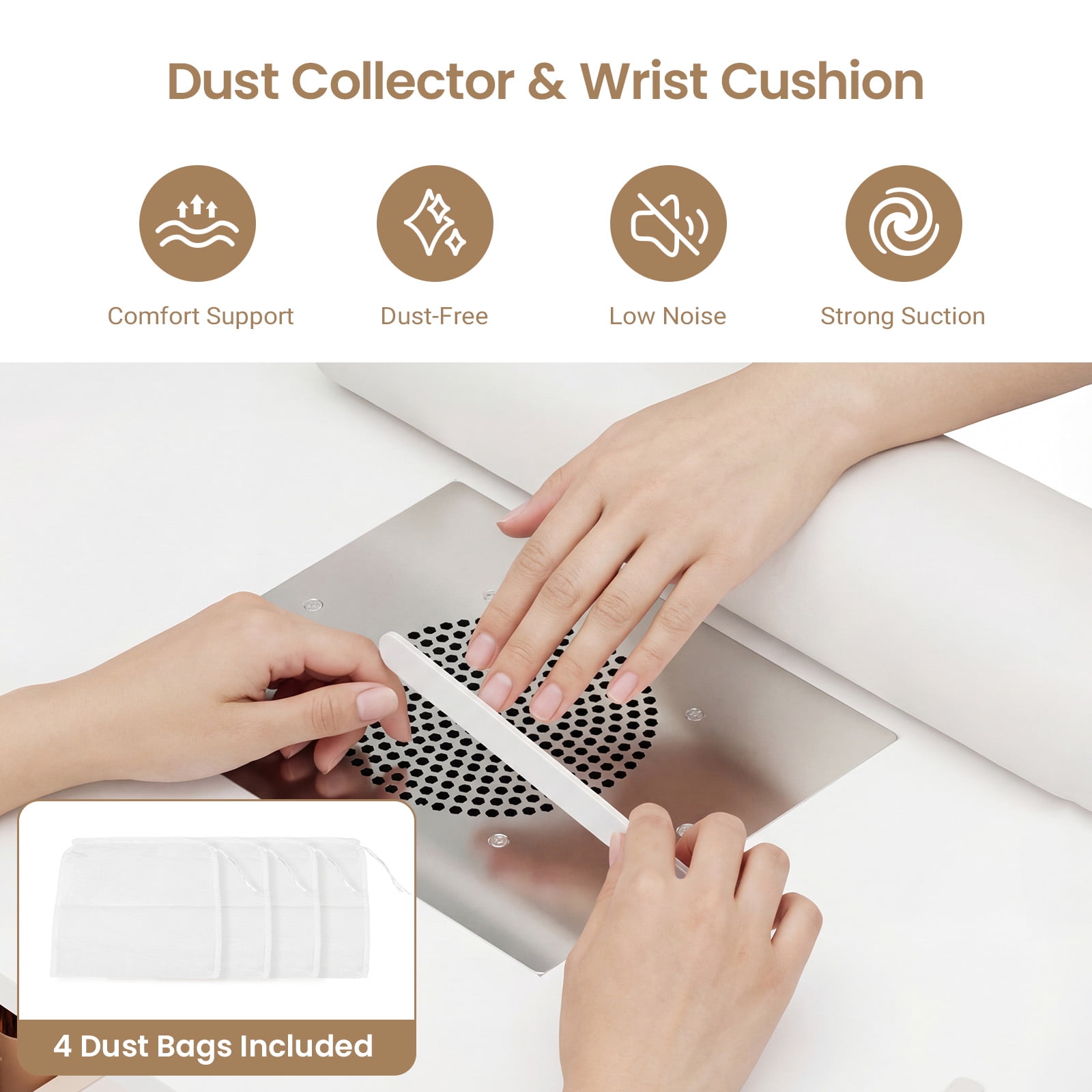 Advwin Professional Manicure Table with Extendable Nail Polish Cabinet, Dust Collector, LED Light & Wrist Rest, Rolling Nail Desk for Nail Tech, Beauty Nail Station for Home & Salon, White