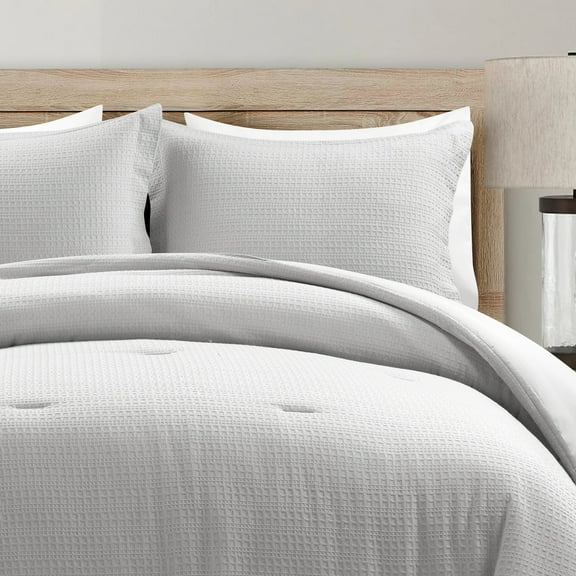 Lush Decor Haniya Solid Waffle Woven Cotton Textured Comforter Gray 3Pc Set Full/Queen