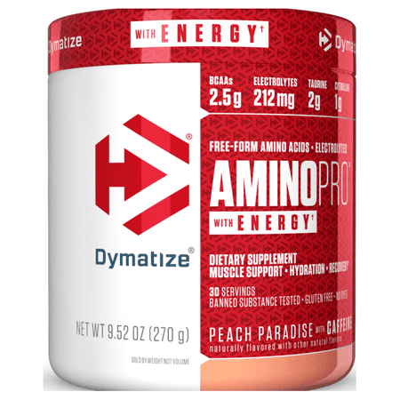 Dymatize Amino Pro, BCAAs and Electrolytes, Peach Paradise w/Caffeine, 9.5 Oz