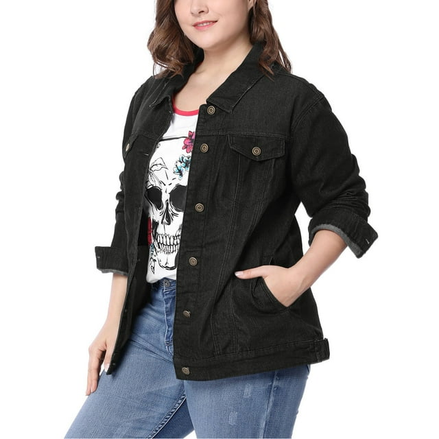 GRACE & GRANDEUR Women's Plus Jean Jacket Button Closed Cropped Denim Jacket