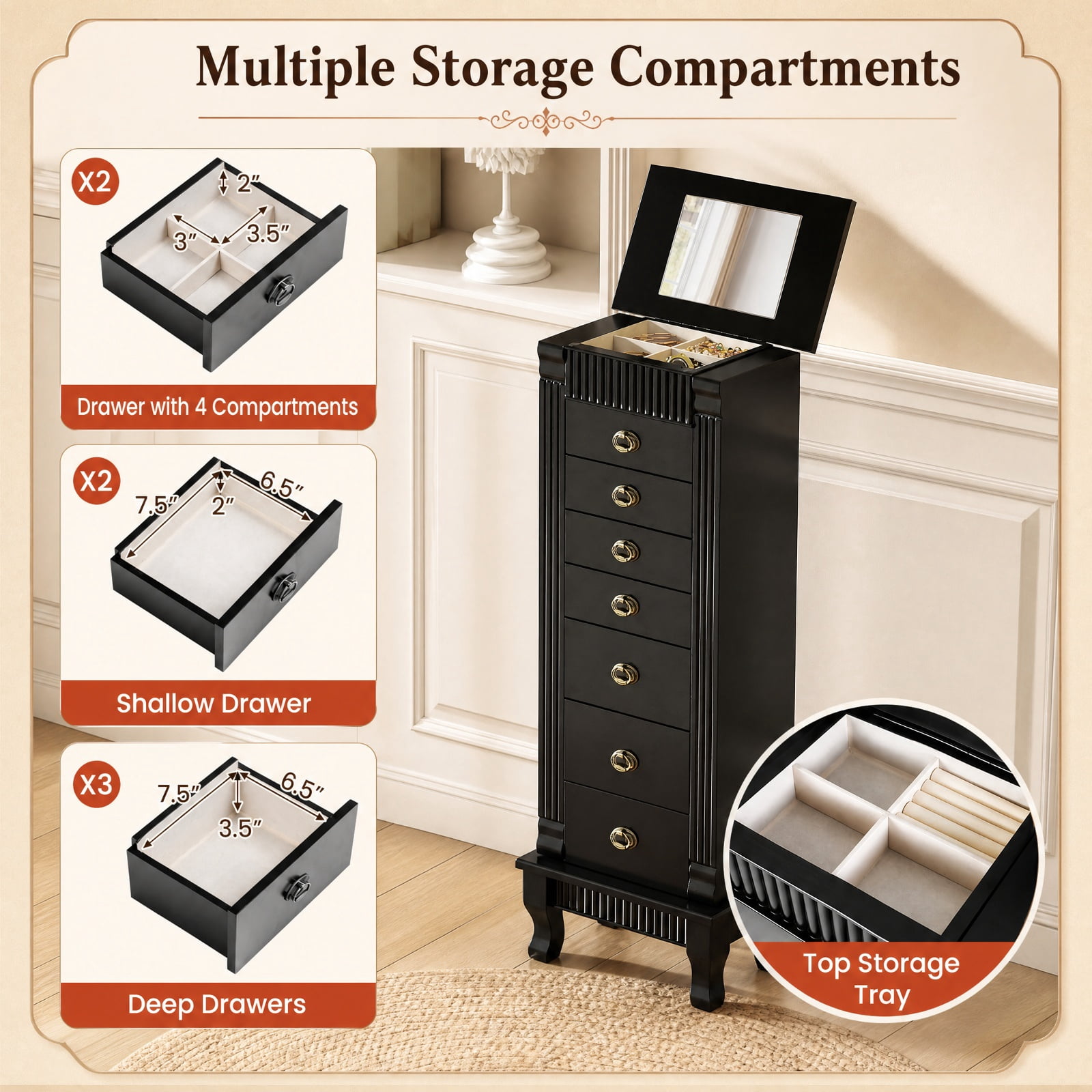 Furnibear Wooden Jewelry Armoire Cabinet Storage Chest with Drawers and Swing Doors for Bedroom Dressing Room Jewelry Necklace Rings Storage, Black