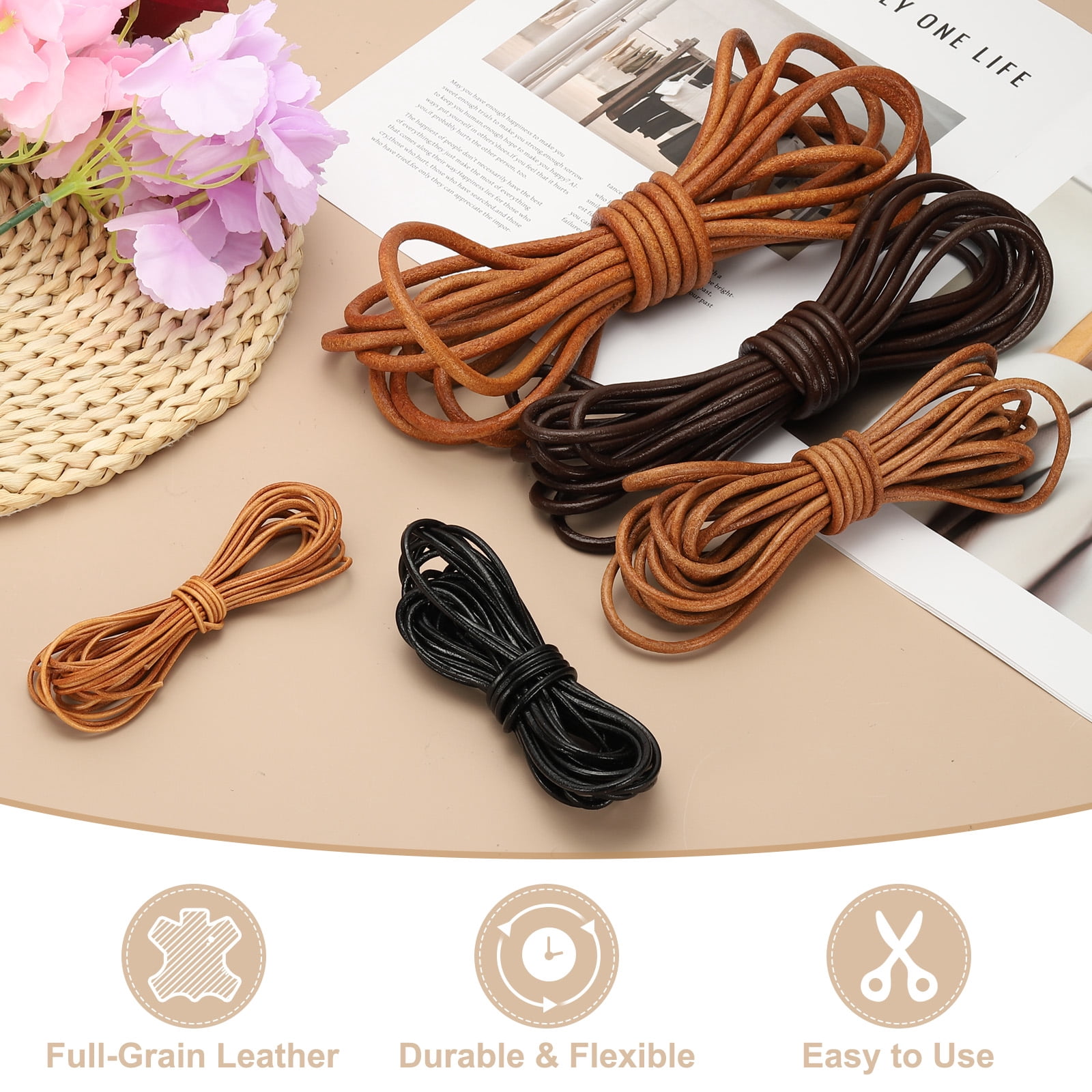 Uxcell Round Leather Cord, 6mm x 5.5 Yards Full-Grain Leather String Rope for Jewelry Beads Making Necklace Bracelet DIY Handmade Crafts, Light Brown
