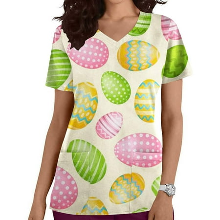 

LSLJS Nursing Scrubs Top for Women Easter Egg Bunny Print Working Uniform Short Sleeve V Neck Workwear Blouse T-shirt with Pockets on Clearance