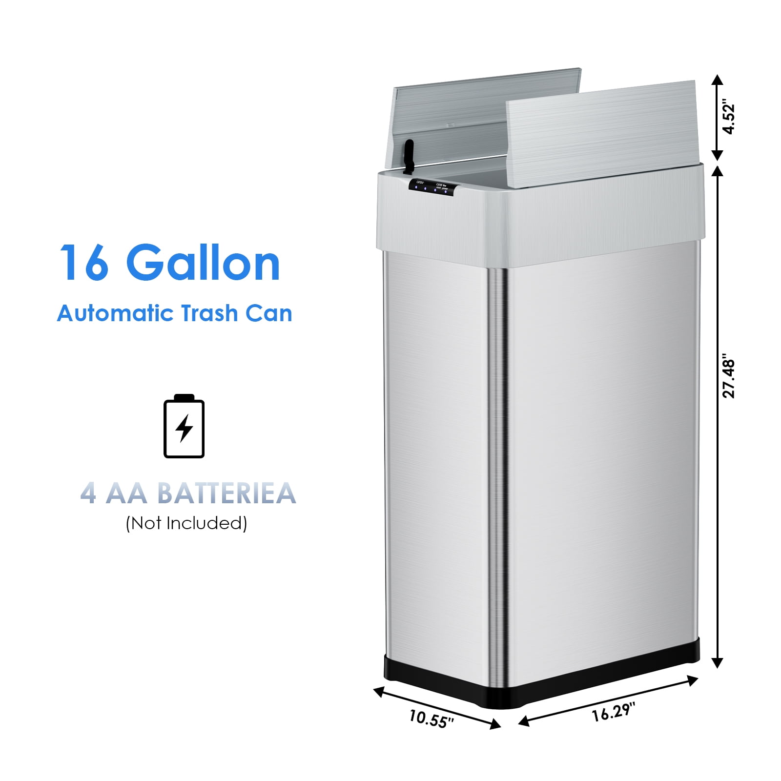 Arlopu 16 Gallon Automatic Trash Can Stainless Steel Garbage Can with No Touch Motion Sensor Butterfly Lid