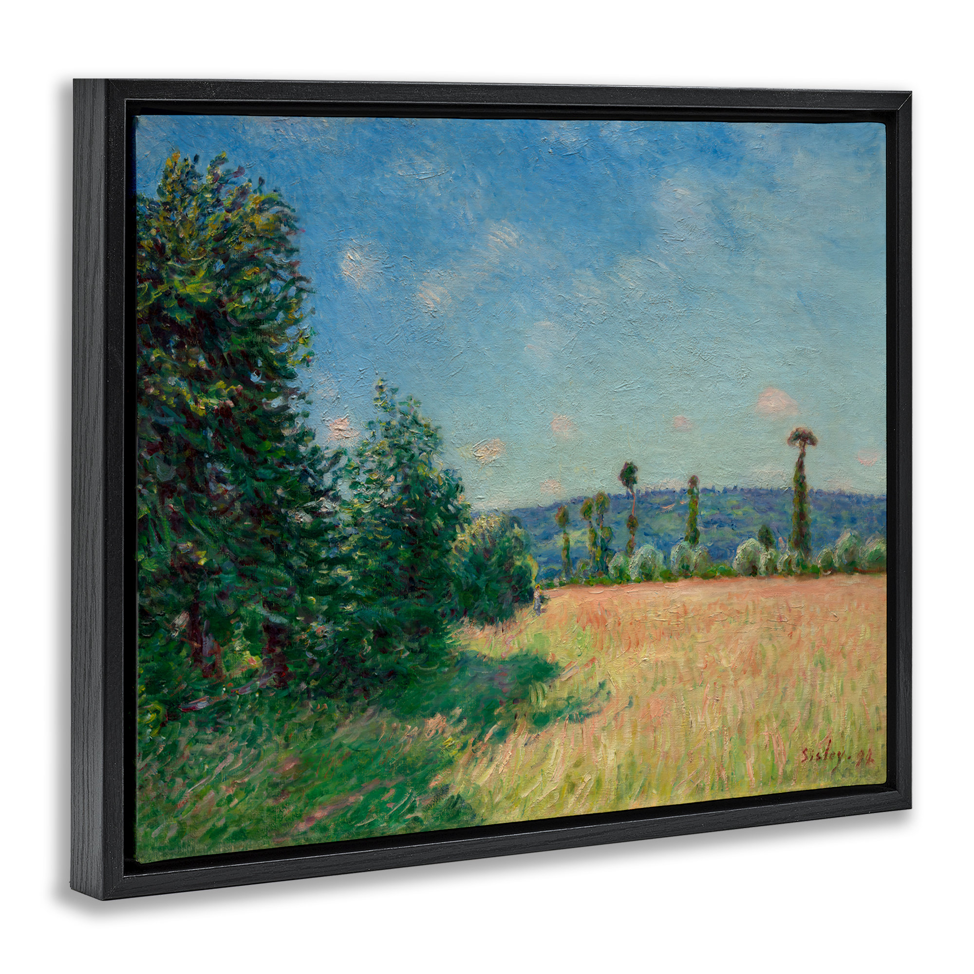 Sahurs Meadows in Morning Sun Black Framed Floater Canvas Wall Art, design by Alfred Sisley