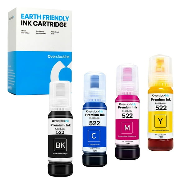 OverstockInk 522 Ink Bottles Combo Pack of 4 Compatible for Epson 522 T522 for EcoTank ET-2400 (1 each BK, C, M, Y)