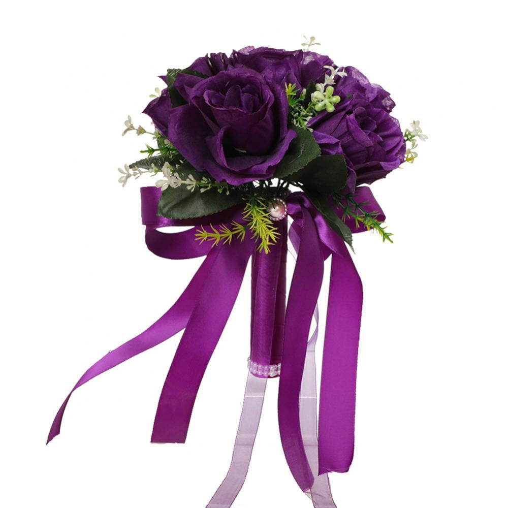 Purple Wedding Bridal Bouquet Silk Wedding Flower Package 4 Bridesmaids 