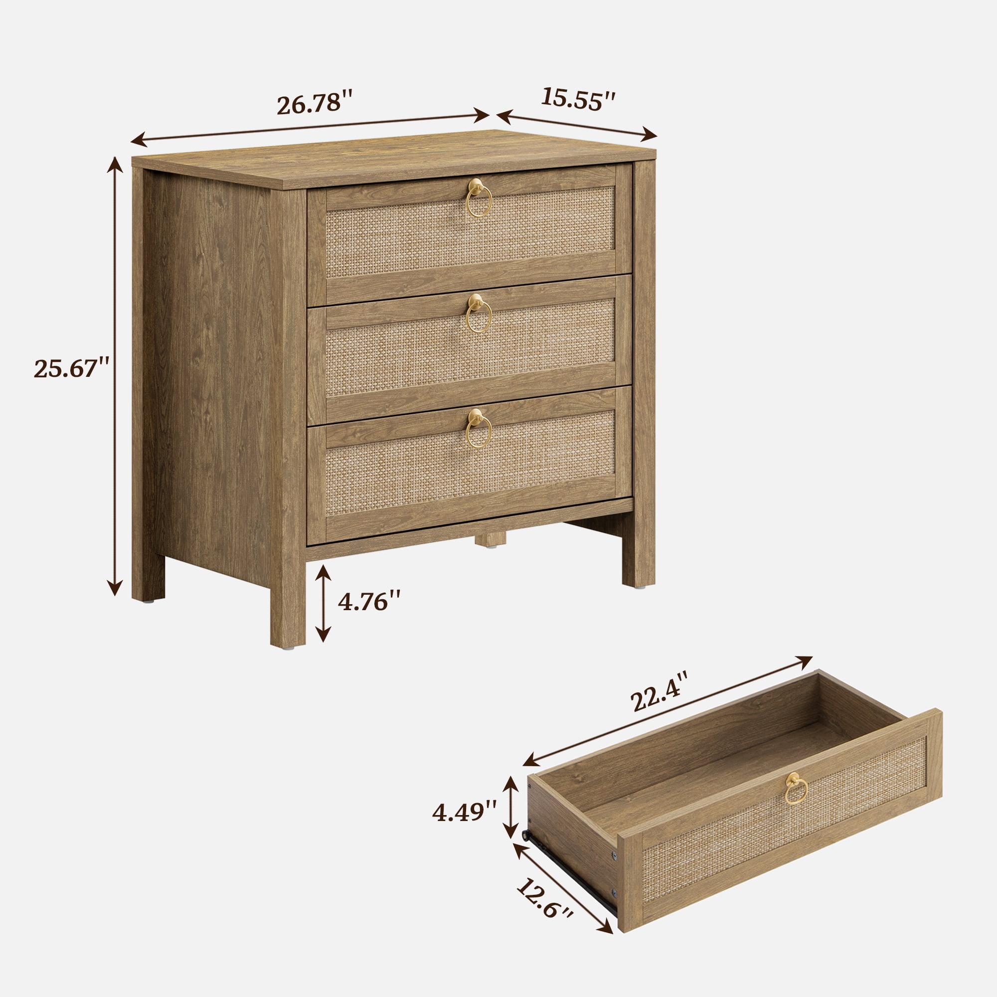 SICOTAS 26.78"W Boho Night Stands Set of 2 for Narrow Spaces, 25.67" Tall Rattan Nightstands with 3 Drawers , Large Bedside Table Wood End Table for Bedroom Living Room Hallway,Cherry Oak