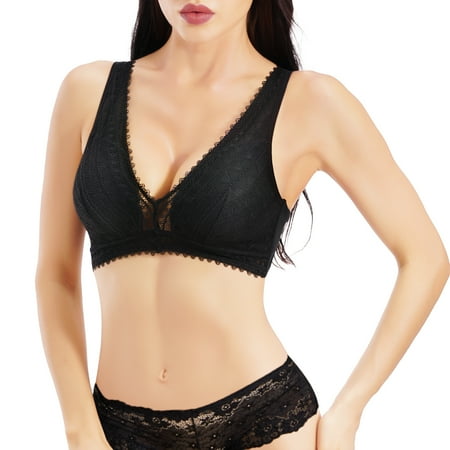 

Junlan Deep V Bralette Top Lace Bralette for Women Removable Padded Plunge Cutout Bra Wirefree(Black XL)