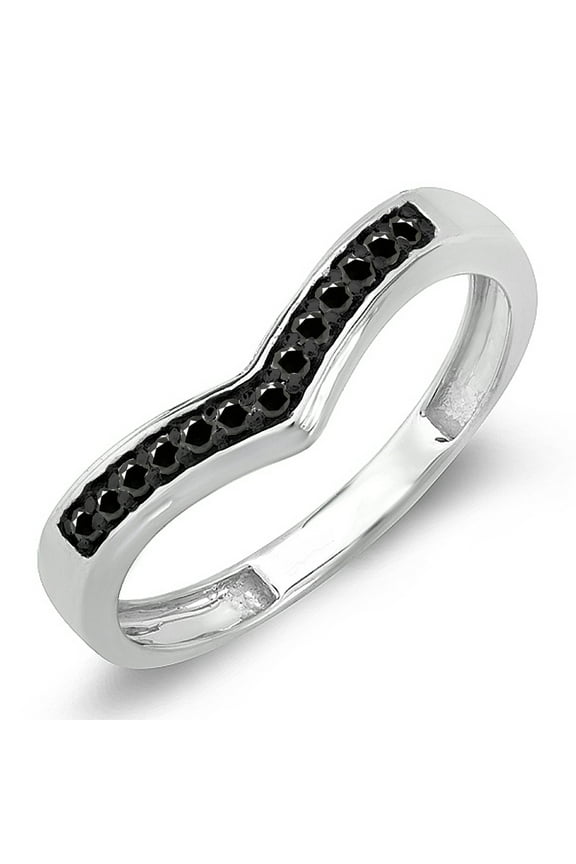 Collection 0.15 Carat (ctw) 10K Real Black Diamond Wedding Stackable Band Guard Chevron Ring, White Gold, Size 4
