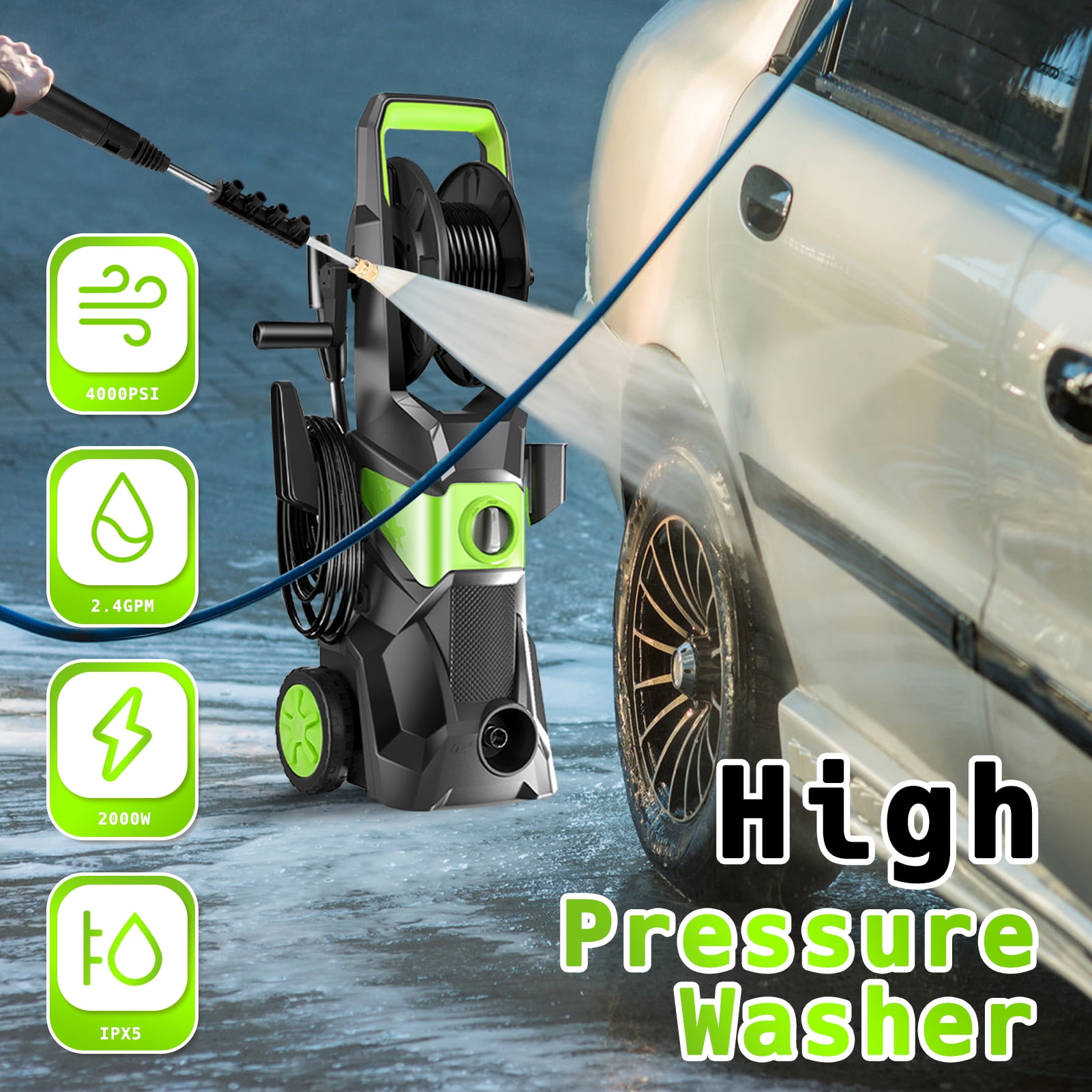 TEBRU Electric Pressure Washer, 3500 Max PSI, 2.4 GPM Power Washer Machine with Hose Reel, 32FT Hose, 5 Quick Connect Nozzles, Foam Cannon Portable to Clean Patios, Cars, Fences, Driveways