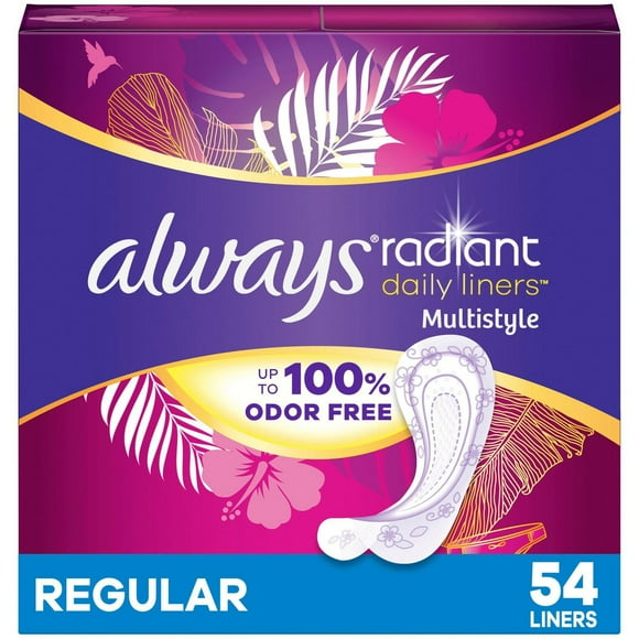 Always Radiant Daily Multistyle Liners Regular, Unscented, Up to 100% Odor-free, 54CT