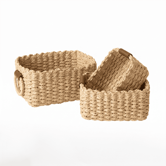 Small Baskets Set of 3, Small Wicker Baskets for Shelves & Bathroom Toilet Paper Organization, Decorative Paper Rope Organizers, Wicker Storage Baskets, Oatmeal