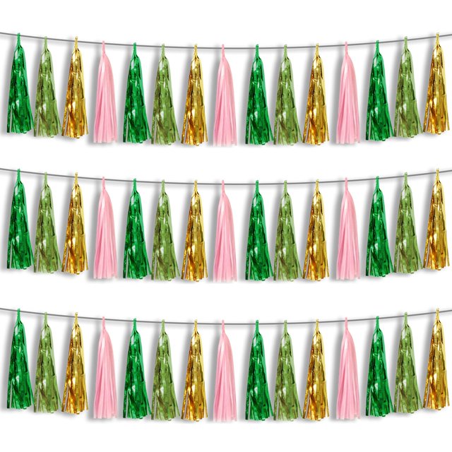 Lámina con forma de guirnalda con borlas Hysilla, verde salvia, rosa y oro, 9 m
