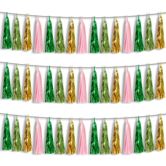 Lámina con forma de guirnalda con borlas Hysilla, verde salvia, rosa y oro, 9 m