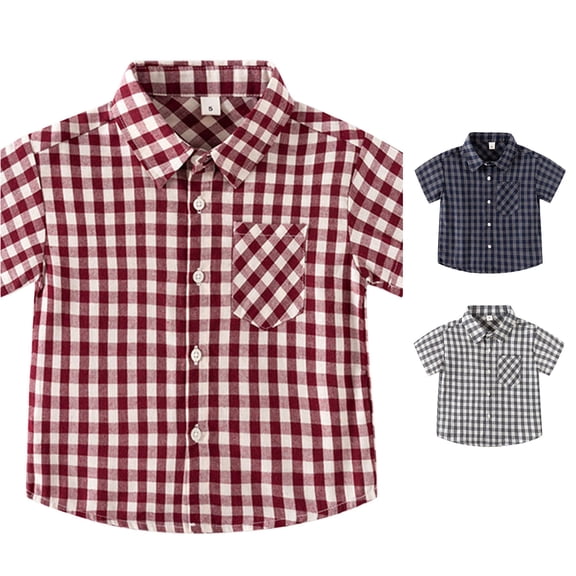 LIIPEE Fashion Plaid Graphic Button Up Shirts For Boys Short Sleeve Turn Down Collar Shirt Kids Casual Cute Summer Tops,12-18 Months
