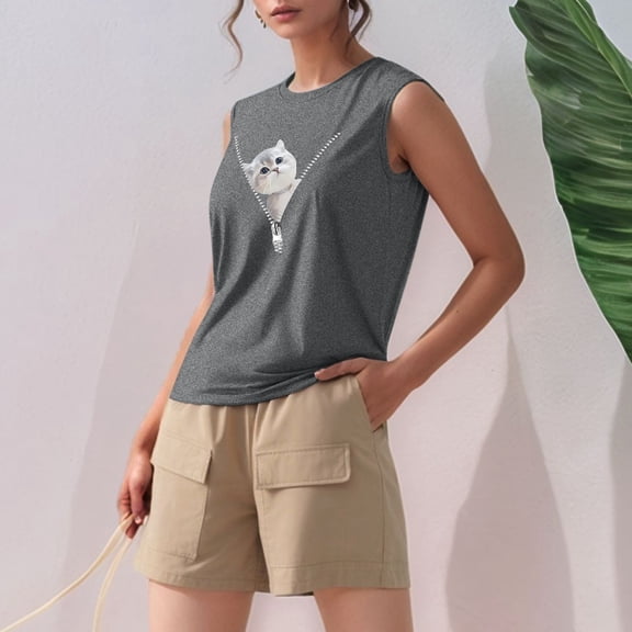 Women's Tennis Tanks Versatile Sleeveless Cat Print Zippered Heartfelt Tank Top for Casual Everyday Wear Dark Gray S