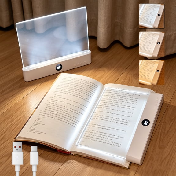 2026 Smart LED Book Light Page Reading Light, Rechargeable Full Panel, 3 Color Modes, Stepless Dimming, Timer, USB Charging