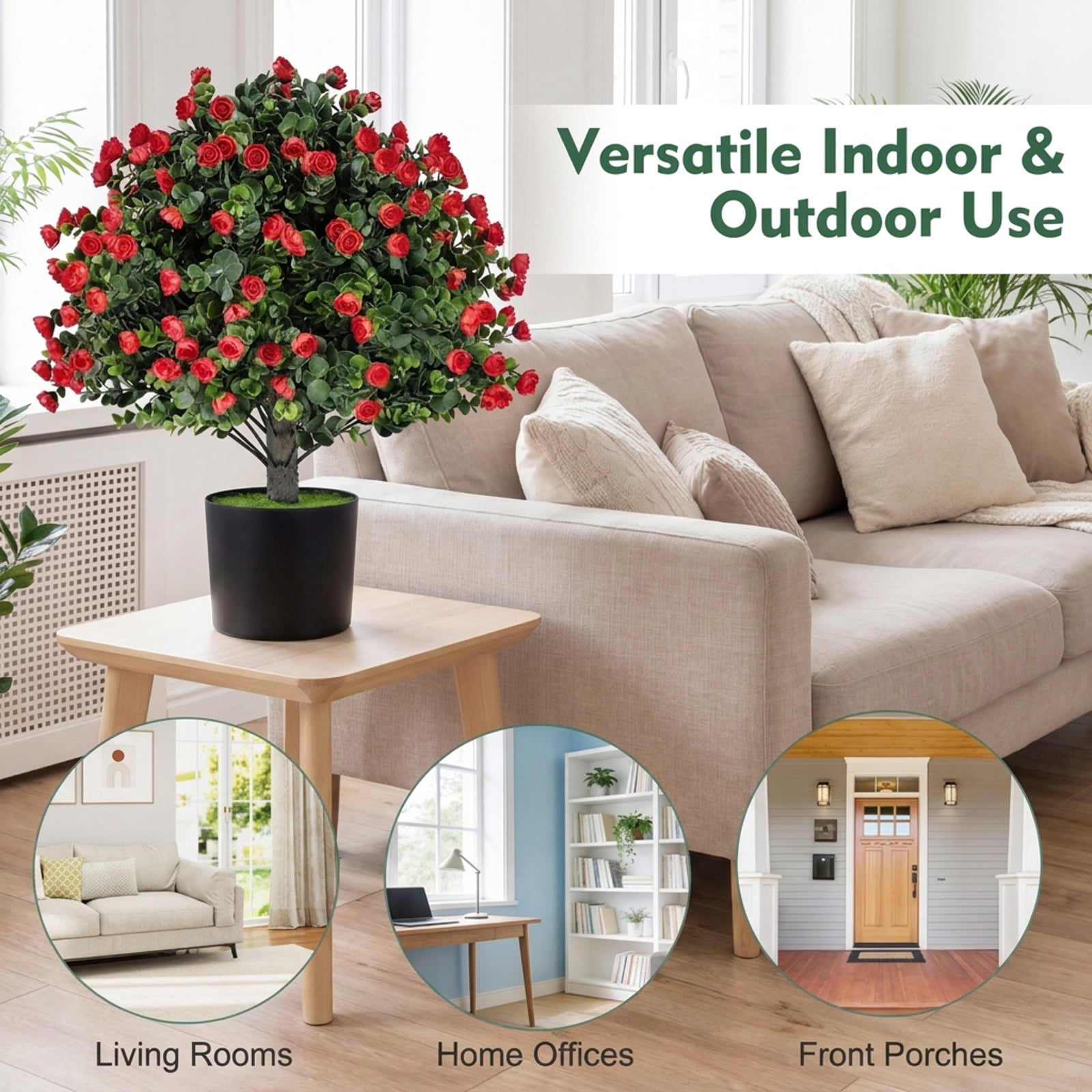 Vebreda Artificial Plant Decor, 2 Pack Artificial Rose Topiary Ball Trees with PP Cement-Filled Flowerpot for Home, Realistic Floral Ball Design