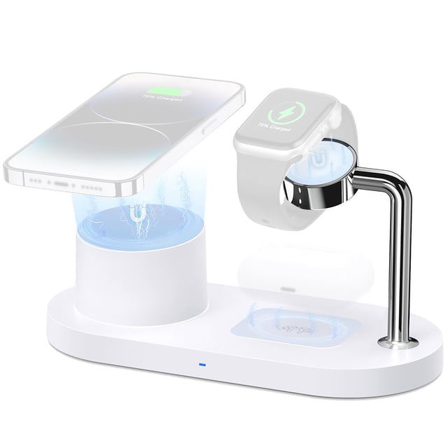 Graflsoa Magnetic 3-in-1 Wireless Charging Station with Mag-Safe Technology for iPhone, 15W Fast Charging, LED Indicator, White
