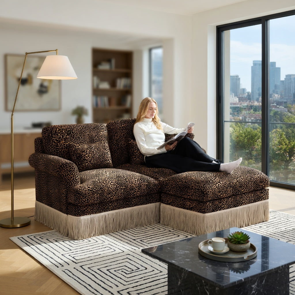 Hommoo 131" U-Shaped Chenille Sofa Set with Leopard Print, Movable Ottomans, Tassel Trim & Ergonomic Deep Seat, Modern Living Room Sectional, Brown
