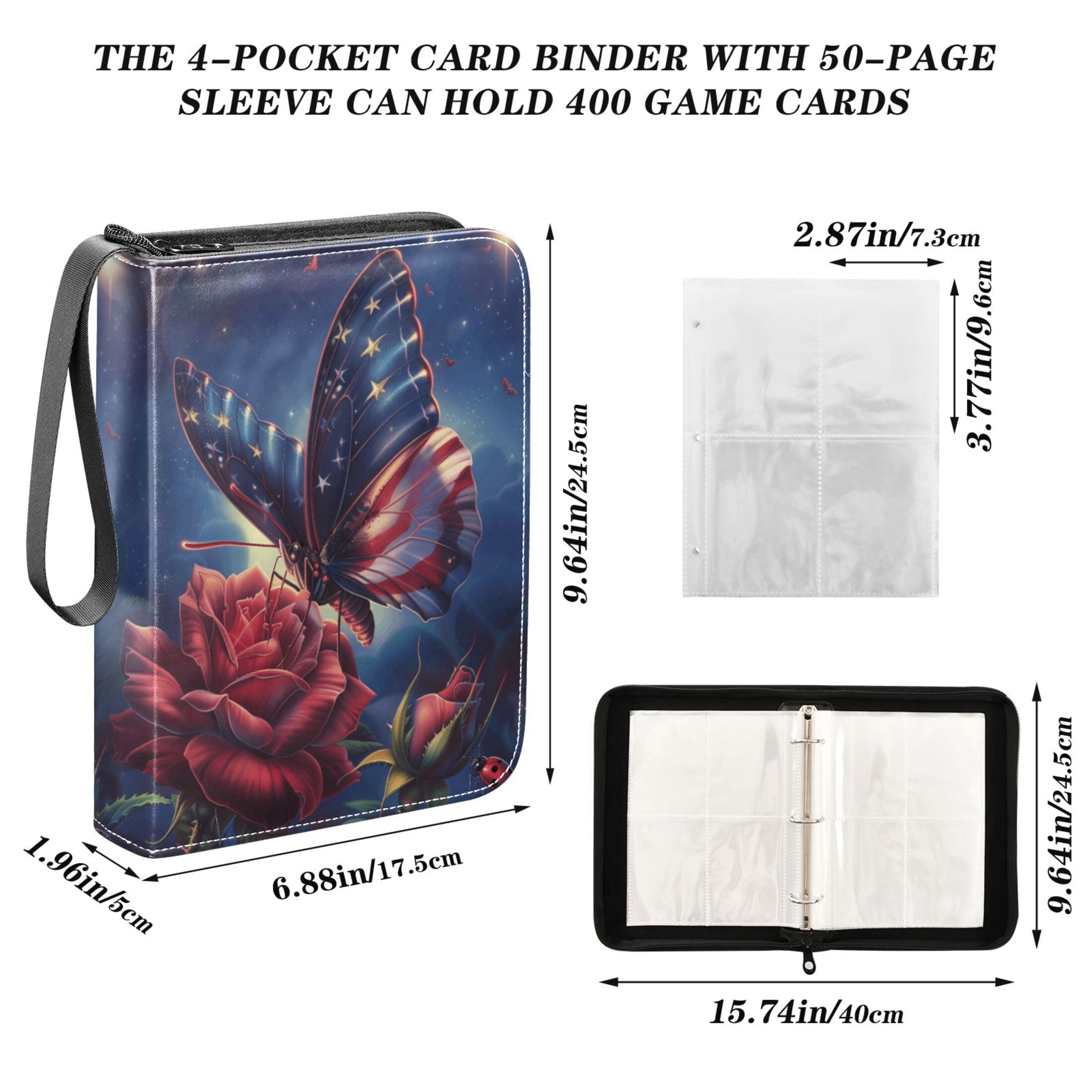 Trading Card Binder Album 400 Pockets 50 Removable 4-Pocket Pages Waterproof American Flag Colored Butterfly with Flower