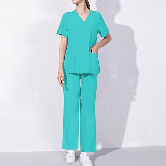Hanen Basic Scrub Set for Women - Slim V-Neck Scrub Top & Multi Pocket Skinny Cargo Scrub Pants