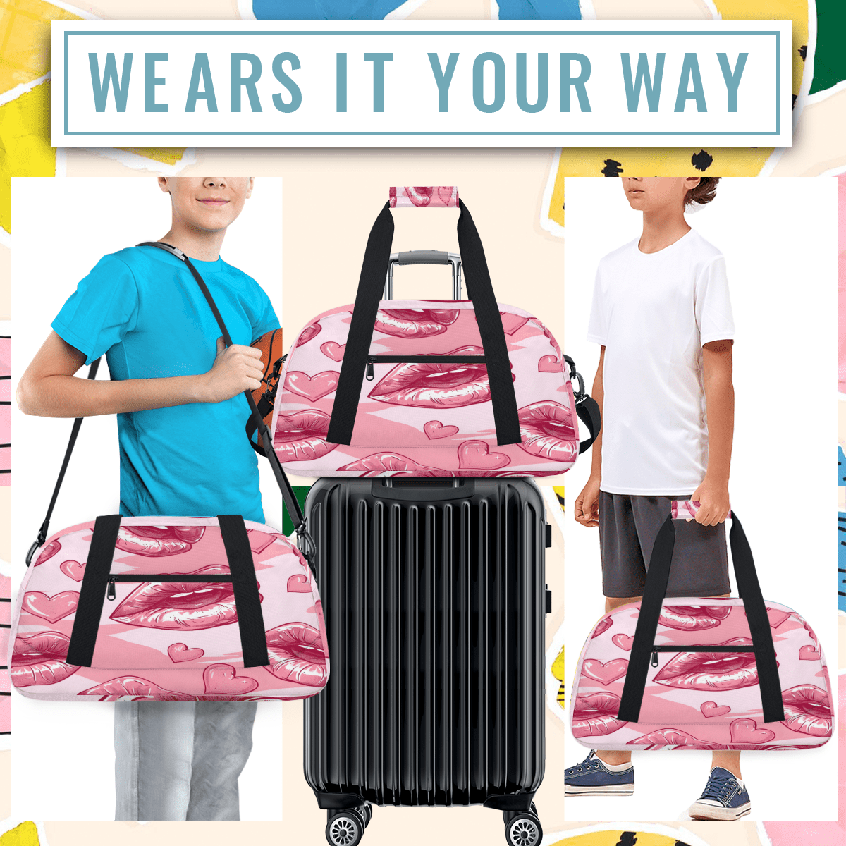 Herdesigns Lips Sports Duffle Bag for Women & Men, Pink Gym Bag Dance Bag Overnight Bag Carry On Weekender Travel Bag