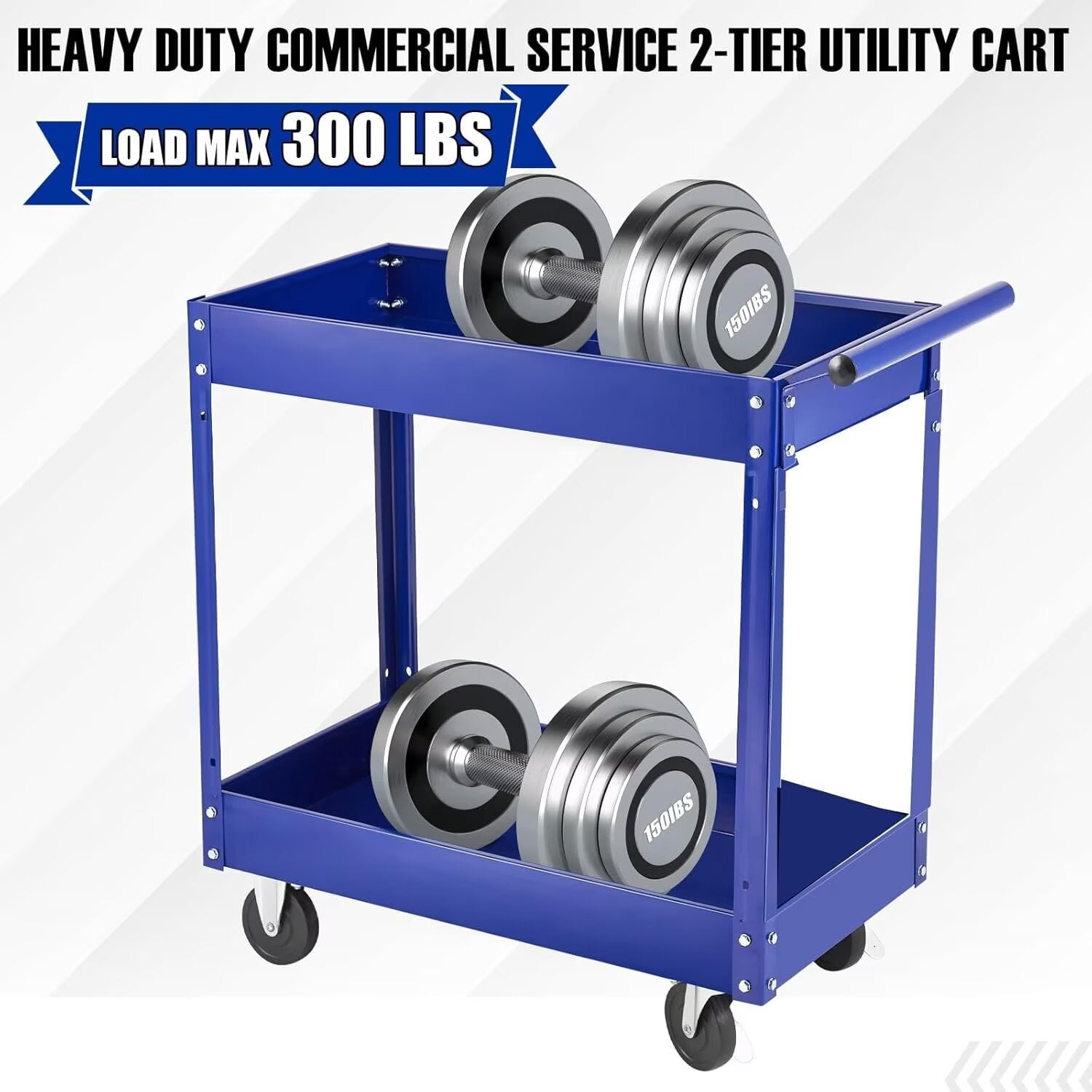 2-Tier Utility Cart, Heavy Duty Steel Rolling Cart, 300lb Multi-Purpose Tool Organizer, Metal Garage Organizer Tool Cart for Warehouse, Garage, Garden, Kitchen