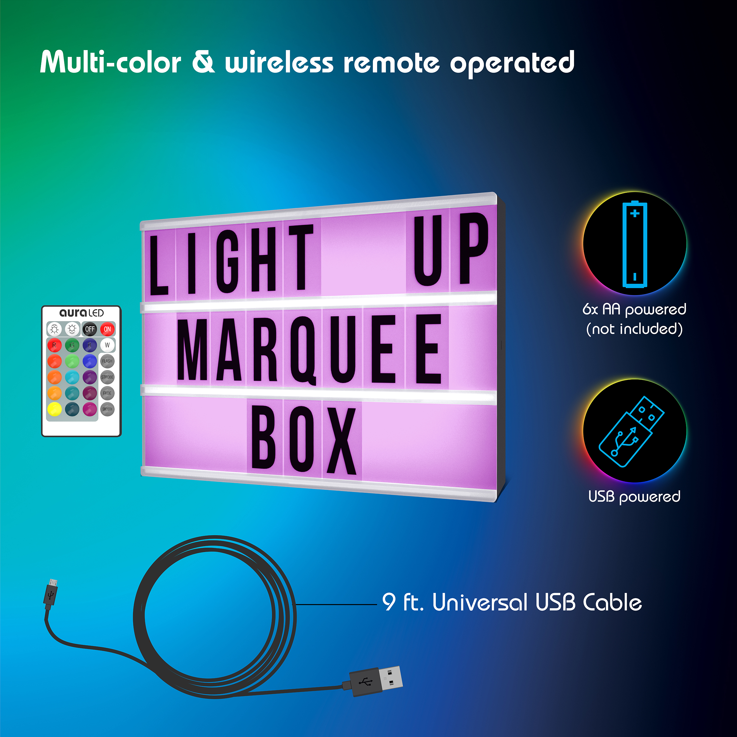 auraLED Colorbox LED Marquee - Multi-Color Light-up Marquee Box with Remote, Alphabet, Symbols - image 3 of 10