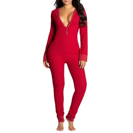 

Women s Loose Butt Button Back Flap Onesies Christmas Pajamas V Neck Long Sleeve Romper Bodycon Jumpsuit