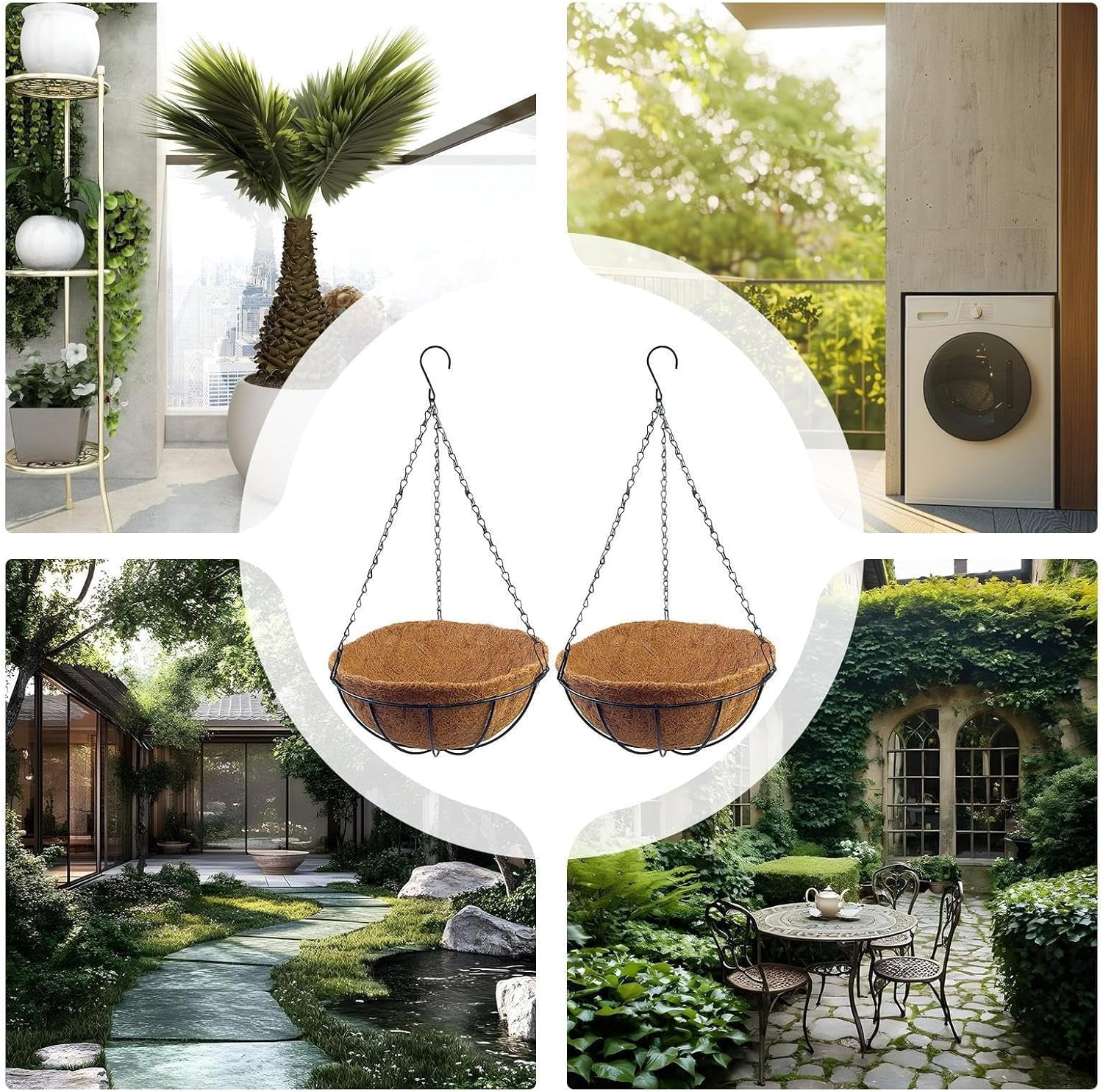 12" Hanging Plant Basket with Coco Coir Liner, 2 Pack Metal Wall Planters with Chains for Outdoor Indoor Plants, Garden Patio Porch Decor (k)