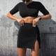 thumbnail image 5 of Falda Conjunto de falda corta de 2 piezas para mujer, cuello redondo, ombligo expuesto, abertura lateral, traje de vacaciones Ygjytge Negro S para Mujer, 5 of 6