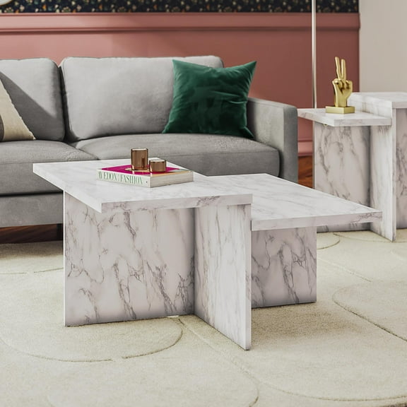 Brielle Two-Tiered Coffee Table, Faux White Marble
