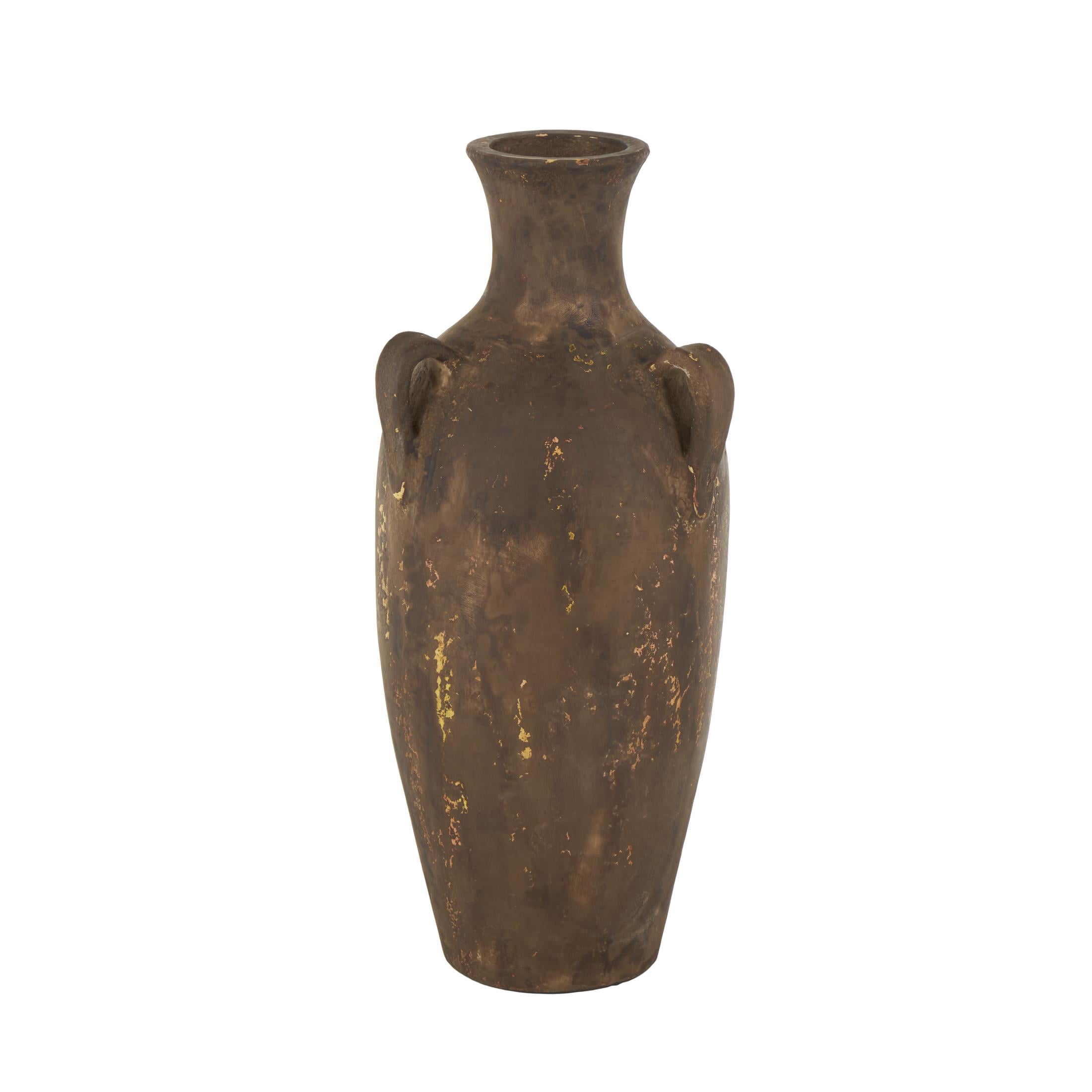 DecMode 24" Antique Style Distressed Dark Brown Ceramic Vase with Handles