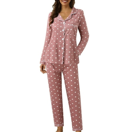 

Huaai Women Casual Lapel Button Polka Dots Print Two Piece Long Sleeve Pajamas Pajamas Suit Loungewear For Women 2023 Pink XXL