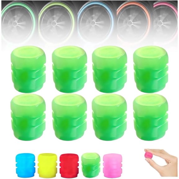 8PACK Fluorescent Tire Valve Stem Caps,Glow in The Dark TireValveCaps Stem Cover,Luminous Universal Car Dustproof Tire Valve Caps,Waterproof for Safe Night Driving for Car Truck SUV Motorcycles Bike