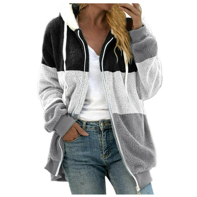 TQWQT Fleece Coats for Women Faux Fur Jacket Coat Fuzzy Fleece Jacket Plus Size Zip Up Drawstring Sweatshirt Oversized Light Blue S