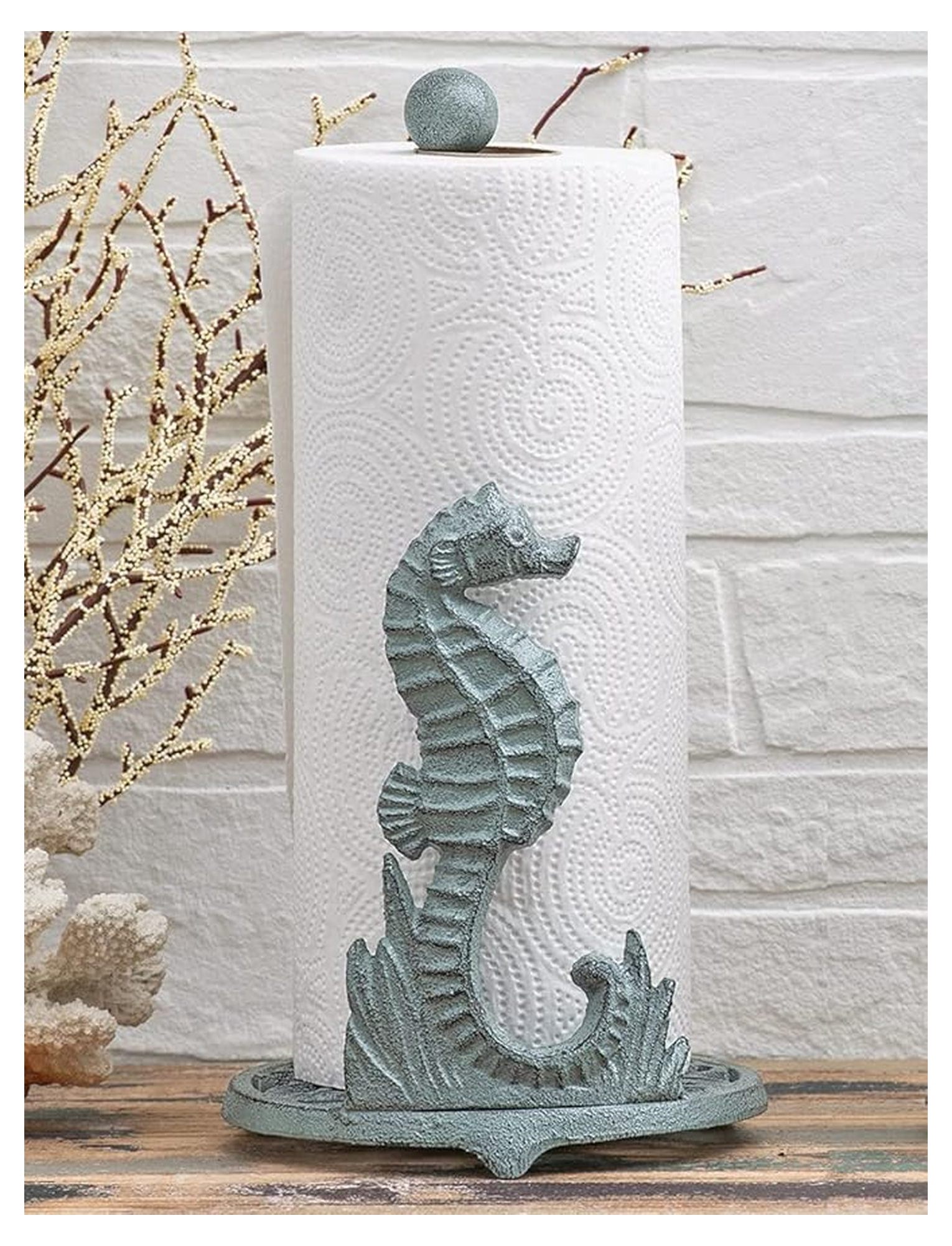 Seahorse Metal Paper Towel Holder – Coastal Cast Iron Kitchen Decor