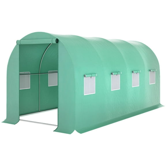 15' x 7' x 6.5' Walk-in Tunnel Hoop Greenhouse, Green House for Outside with PE Cover, Steel Frame, Roll-Up Zipper Door & Windows for Flowers, Vegetables, Tropical Plants, Green