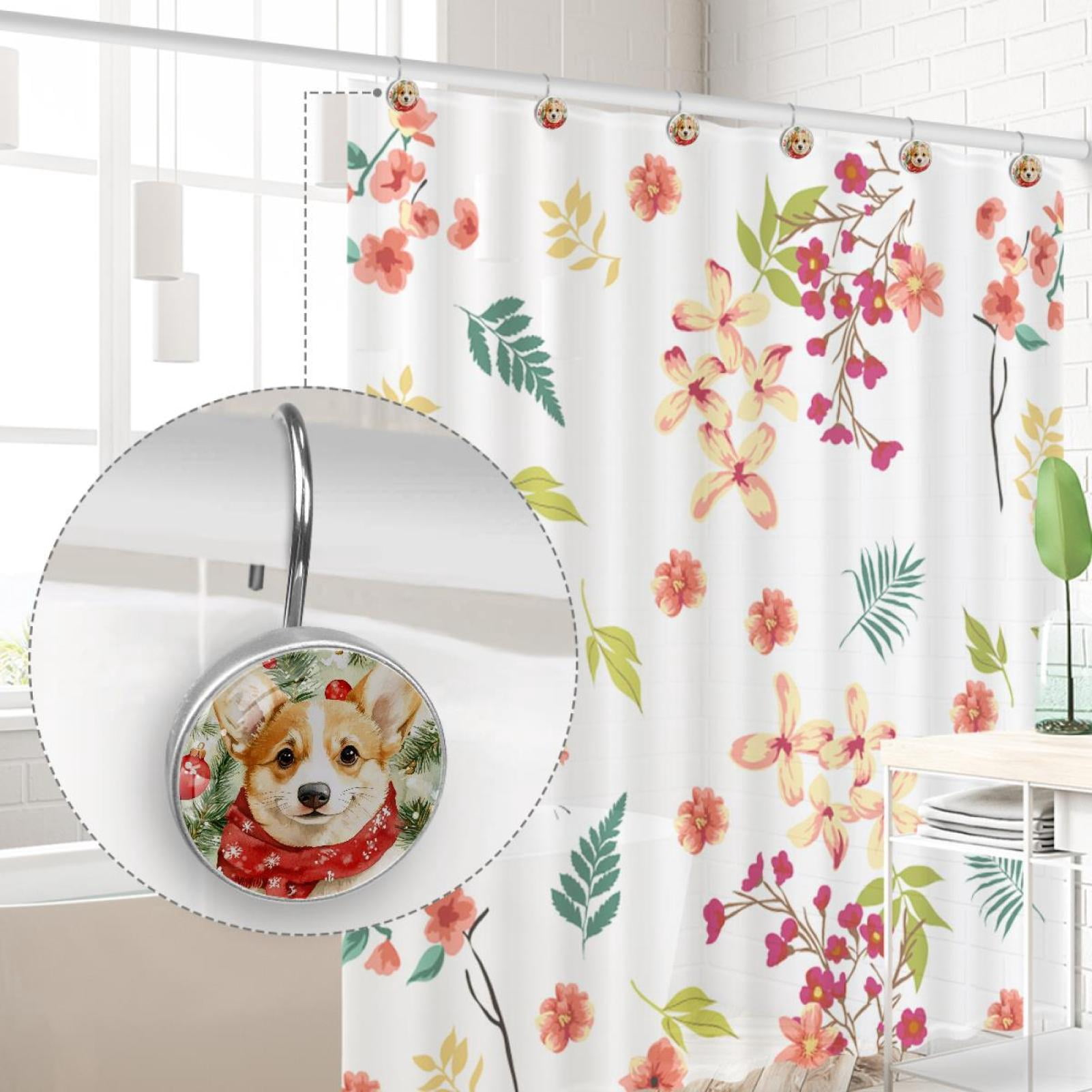 Red Snowflakes Scarf Corgi Shower Curtain Hooks Round Crystal Glass, Set of 12 Shower Curtain Rings - Shower Hooks for Curtain Shower Rings