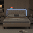 thumbnail image 5 of VECELO Upholstered Full Bed Frame with Headboard Adjustable, Velvet Platform Bed with LED Lights, Charging Station, Mattress Foundation with Wooden Slats, Noise Free, No Box Spring Needed, Beige, 5 of 7