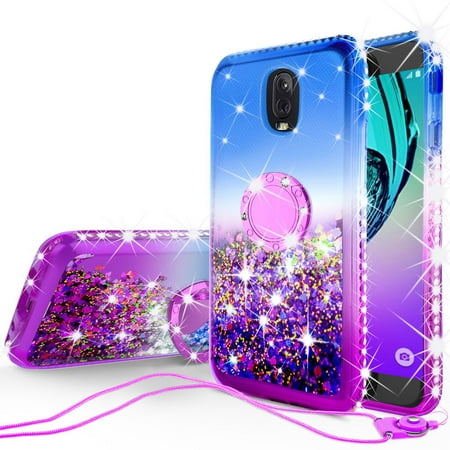 For Samsung Galaxy J3 2018 Case, Galaxy J3 Orbit Case, Galaxy J3 Star Case, Galaxy J3 V 2018/J3 Achieve/J3 Aura/Express Prime 3/Amp Prime 3 Phone Case,Liquid Glitter Bling Ring Kickstand - Purple/Blue