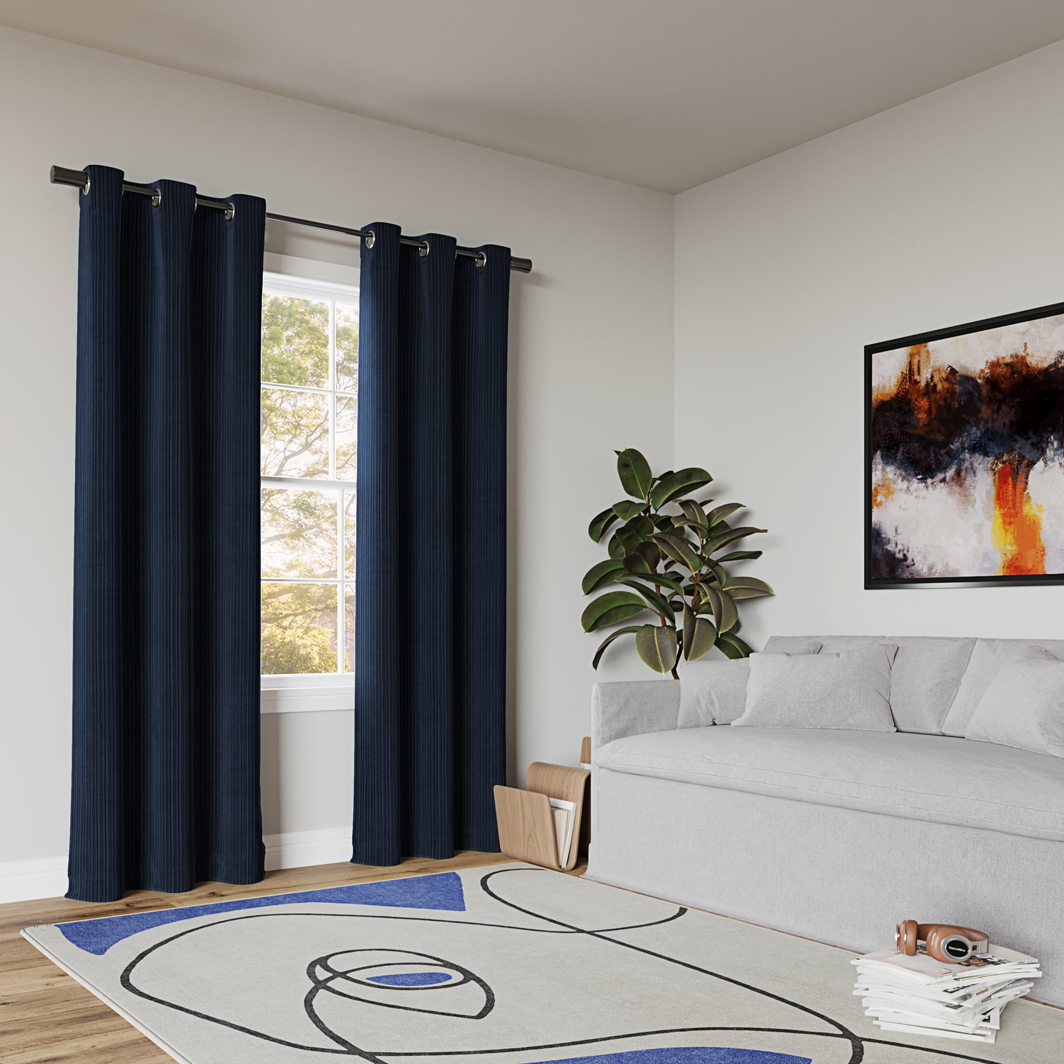 Sun Zero Cascade 1-Piece Pleated Velvet Blackout Grommet Curtain Panel, 40"X84", Navy Blue