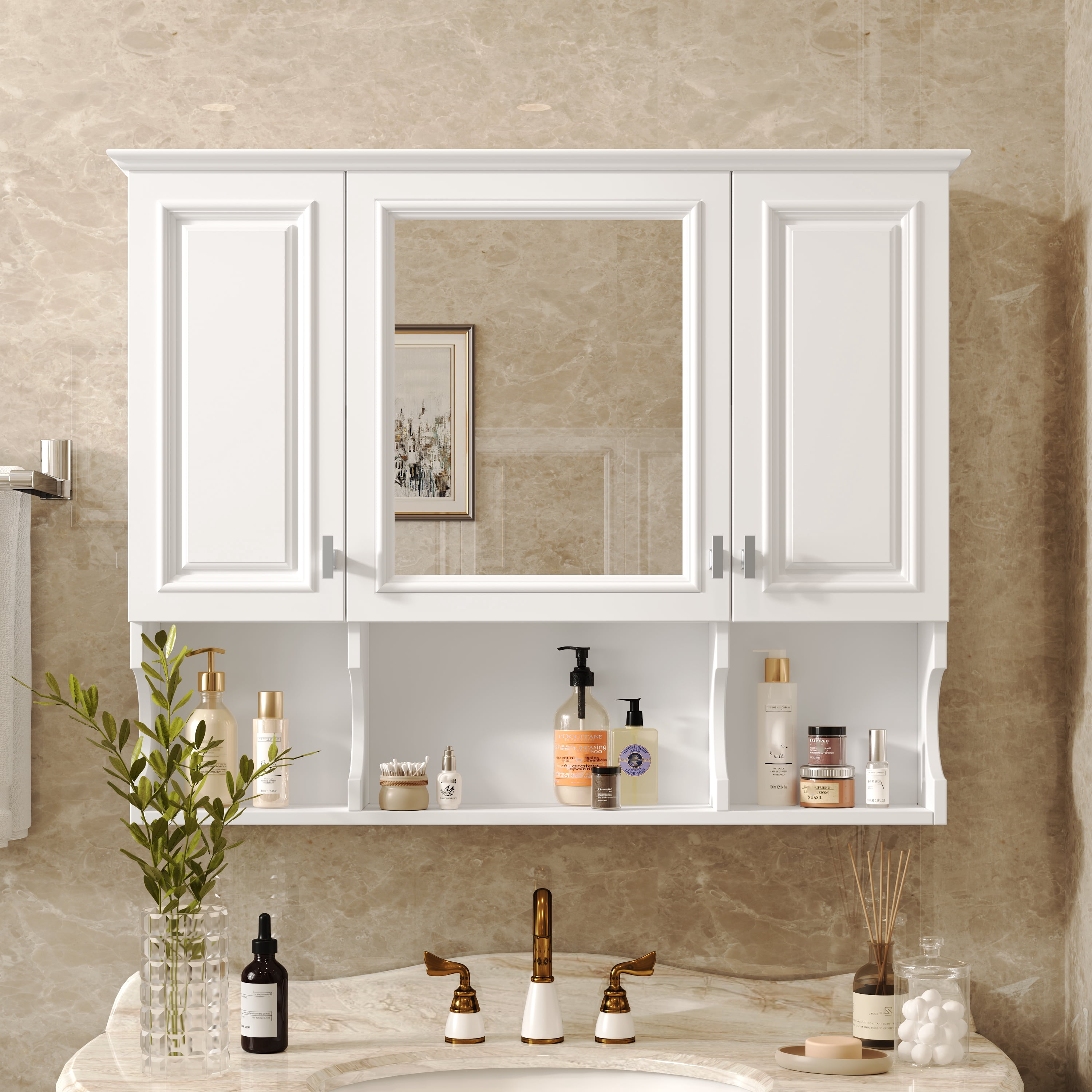 Euroco Wall-Mounted Bathroom Medicine Cabinet with Mirror, Adjustable Shelves, Waterproof MDF, Space-Saving Storage for Bathroom, Bedroom or Living Room, 35"x28.7"
