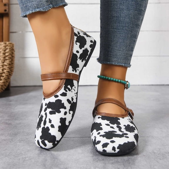 Women's Cow Print Flats, Casual Mary Jane Flat Shoes with Buckle, Comfortable Soft Sole Footwear for Daily Wear, Errands and Weekend Outings