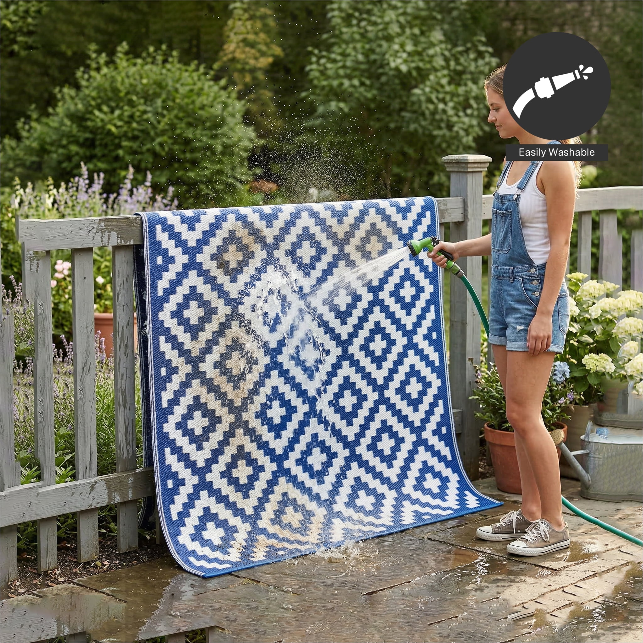 FH Home Outdoor Rug - Waterproof, Fade Resistant, Crease-Free - Premium Recycled Plastic - Geometric - Porch, Deck, Balcony, Mudroom, Laundry Room, Patio - Aztec - Blue & White - 3 x 5 ft