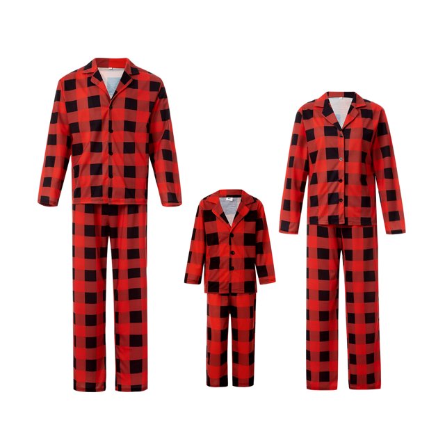 Pyjamas Classiques de Noël Assortis pour la Famille, Ensemble de Pyjama à Carreaux Rouges à Manches Longues et Pantalons