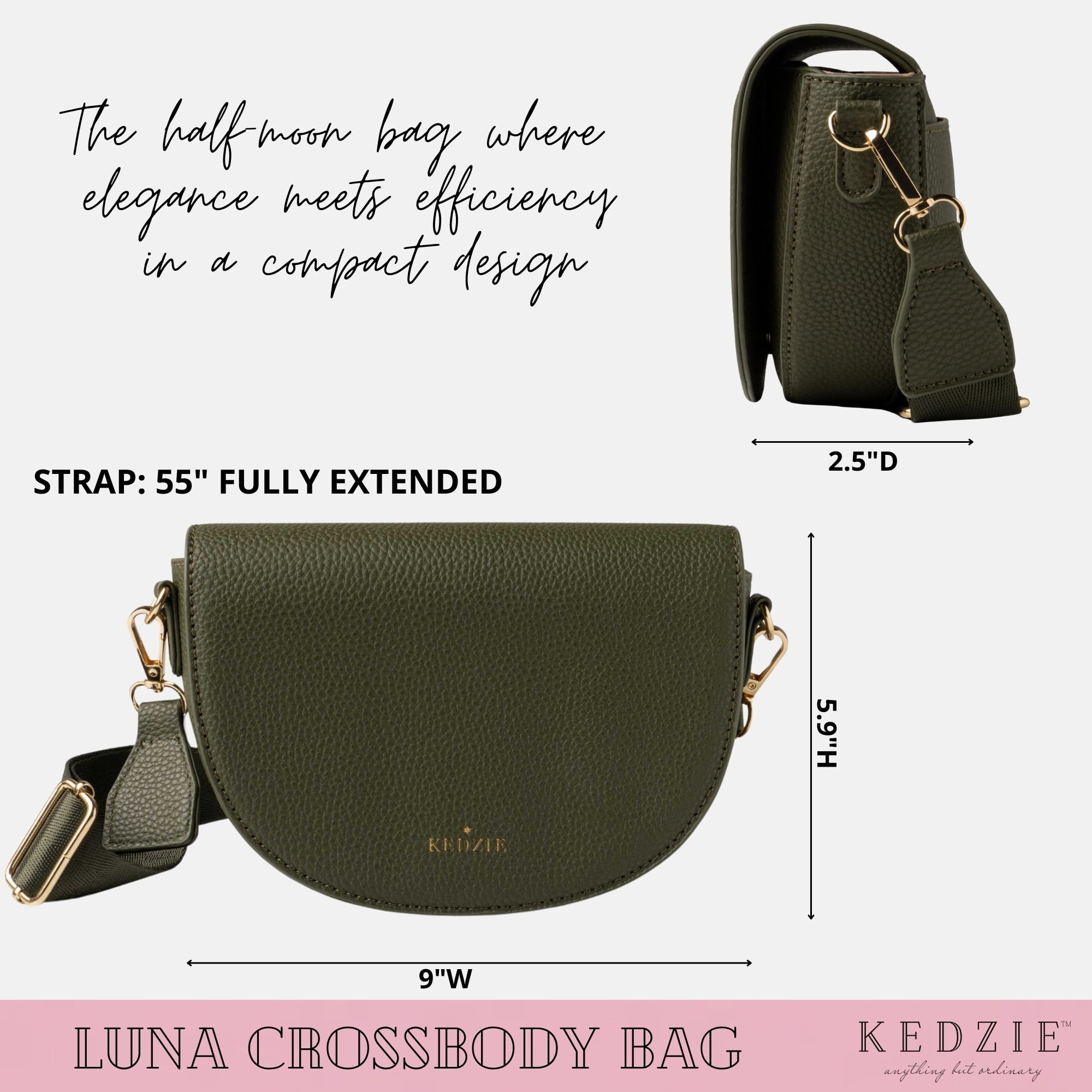 Kedzie Luna Crossbody Bag Shoulder Purse with Removable Strap, Olive (Women's)